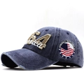 Gorra de béisbol de mezclilla lavada azul marino con bordado 64 y parche de bandera EE.UU. - Azul marino