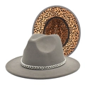 Gray wool fedora with silver chain and bold leopard print lining on the brim - M(56-58cm) / Light Gray