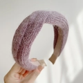 Detail of soft purple knitted twist headband with plush faux mohair wool texture - Braided / Taro Purple