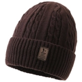 Dark brown cable knit winter beanie for men with warm fleece lining and leather label - One Size / Coffee