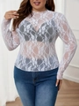 Weißes floralen Spitzen-Oberteil für Damen in Übergröße mit transparentem Hohl-Design - 0XL / Weiß