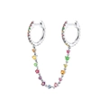 Detailed view of rainbow gemstones on S925 silver double hoop earrings with chain link - Colorful (Platinum) Single Piece