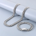Conjunto de cadena cubana de acero inoxidable plateado con collar y pulsera con cierre de caja - Conjunto de Joyas Color Acero