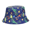 Deep blue kids bucket hat featuring colorful space dinosaur patterns and text - 51-52CM(2-4 Years Old) / Planet Dinosaur