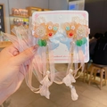 Handmade floral hair clips with pink resin petals, white pearls and silk tassel ribbons - Orange Flower Ribbon Clips