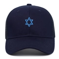 Detailed close-up of embroidery Blue Star of David on a mesh baseball cap crown - Adjustable / Navy Blue