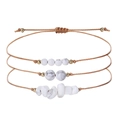 Three-piece handmade brown braided cord bracelet set with white stone and copper beads - Howlite