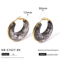 Macro detail of 36mm resin C-hoop earrings with stainless steel posts and size labels - Black Smoke Marble (NB-E1627-BK)