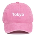 Detail of TOKYO embroidery on washed pink cotton vintage baseball cap with sun protection - Adjustable / Pink