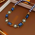 Vintage jewelry set with navy gemstones and white pearls in a brown gift box - 2# Necklace-Gold-Blue