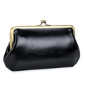 Retro black genuine leather long clutch bag with vintage gold kiss-lock metal closure - Black