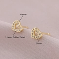Golden hollow heart stud earrings with zircon inlay and 3 layers gold plating - Hollow Heart Style (EM07-10)