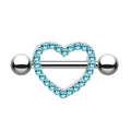 Detailed view of silver heart nipple ring with sky blue zircon inlay and steel bar - Steel Color Heart Lake Blue Style (1994 Steel Lake Blue)