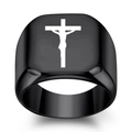 Men's black stainless steel signet ring featuring a laser engraved white cross design - US 5 / Gun Black