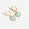 Golden heart earrings with light blue evil eye enamel and zircon stones - Blue Heart (ES2663-2)