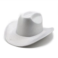 Close-up of a silver glitter western cowboy hat with a wide brim for party performances - M (56-58cm) / White