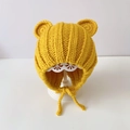 Knit baby winter hat with bear ears and chin straps in vibrant yellow color - Ginger Panda - Not Lined