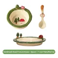Ceramic tableware set with 3D house bowl, apple spoon, and red car plate decoration - Bowl/Tree & House + Spoon + 7 Inch Plate/Red Car