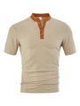 Detail of khaki textured knit fabric and contrast collar on casual short sleeve Henley shirt - Khaki