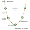 Gold stainless steel necklace with five square turquoise glass stones and chain measurements - Necklace / Gold-Light Green