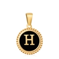 Round golden pendant with black enamel H letter and beaded edge decoration - Letter H