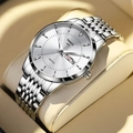 Silver business watch for men with metal link strap and day-date display in gift box - Silver White Face / Quartz