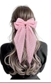 Pink chiffon hair bow clip with long streamers and swiss dot pattern on wavy hair - Hot Pink