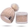 Winter warm knit beanie hat and neck warmer scarf set in beige with faux fur pompom - One Size / Beige