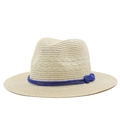 Classic beige Panama straw hat with a wide brim and decorative navy blue rope band - Adjustable (56-58cm) / Beige