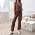 Braunes Rippstrick-Set mit bauchfreiem Oberteil und Weitbein-Hose mit Kordelzug - S / Braun