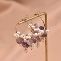 Natural pearl and amethyst hoop earrings with gold finish on elegant satin background - Amethyst Set Hoops