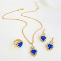 Three-piece gold jewelry set with heart-shaped blue stones and zircon accents - Heart Shape KC Gold Deep Blue Style (5714)