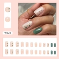 Groene en nude glitter plaknagels met bloemen en bladgoud accenten, korte vierkante stijl - Retro Bloemenstijl (W628) / Lijm Type