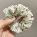 Light green double-layered organza scrunchie with delicate floral print and pleated texture - Large Floral Green