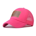 Detail of rose red trucker hat featuring breathable mesh and American flag leather patch - Rose Red