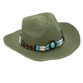 Detail of army green straw cowboy hat with ethnic beads and large turquoise gemstone - Bean Green