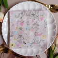 Floral print napkins with pink roses and bees on white plate for elegant party decor - Pink Rural Rose (1094)