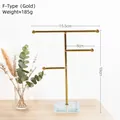 Golden 3-tier T-bar jewelry stand with a marble texture base for earring display - Crystal Base Jewelry Rack - F-Shape Gold