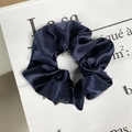 Classic dark blue satin scrunchie with soft sheen and pleated elastic hair tie design - Satin Navy Blue