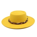Detail of bright yellow wool fedora with a colorful woven band and wide brim flat top - M (56-58cm) / Yellow
