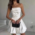 Elegant white satin strapless bubble hem mini dress with flattering pleated bodice - S / White