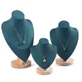 Deep green velvet necklace display stands with round wooden bases, set of 3 pieces - Dark Green Velvet 3-Piece Set