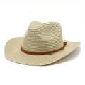 Close-up of beige woven straw hat featuring a brown cord band and vintage texture - M (56-58cm) / Beige