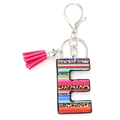 Close-up of letter E keychain with leopard print rainbow pattern and pink tassel - Letter E