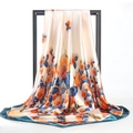 Carré de soie satinée beige élégant avec imprimé floral orange et bordure verte - Yimei-Blanc