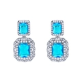 Elegant silver drop earrings featuring light blue square crystals with diamond halo - Aquamarine