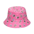 Pink bucket hat featuring all-over cartoon fast food prints including pizza and burgers - Bright Pink Fast Food Cartoon Print (15)