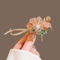 Elegant floral hair clip in pink and orange enamel finish with pearl and crystal charms - Pink-Orange Gradient Flower Rhinestone Pendant Clip