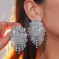 Luxury oversized silver rhinestone tassel earrings with multi-layered petal design - Silver High Shine Rhinestone Fringe