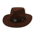 Detail of dark brown cowboy hat featuring leather band with star studs and turquoise stone - Coffee